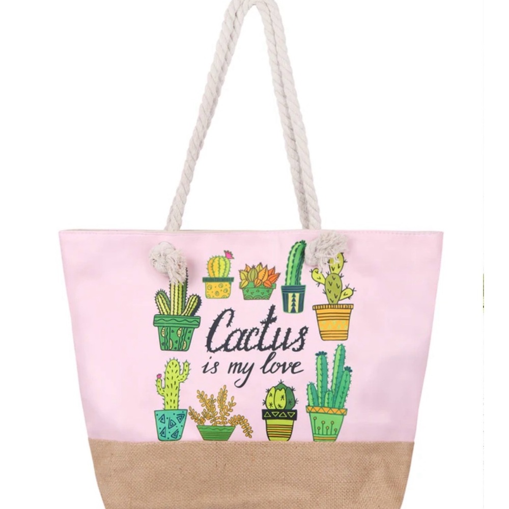 Pink and Tan Cactus Print Tote Bag NEW in Plastic